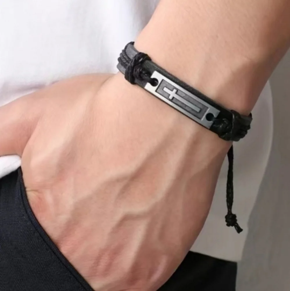 Men or‎ Womens Cross Leather Adjustable Jesus Draw String Religious Bracelet